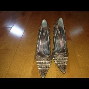 Brown bohemian style beaded high heels