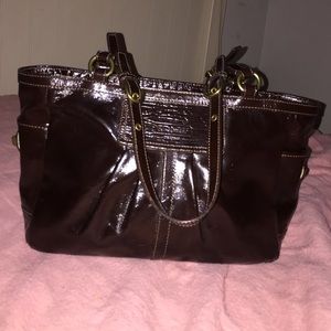 Chocolate paten leather coach tote