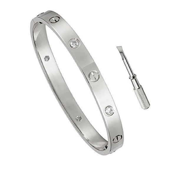 White Gold Stainless Steel Bracelet with Stone - Picture 2 of 2