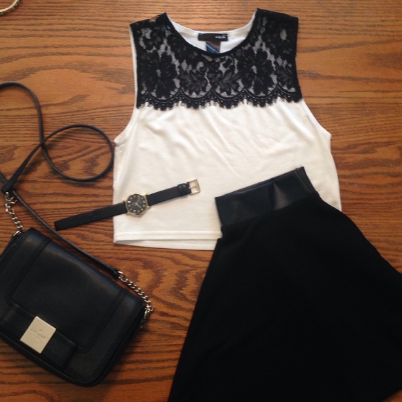 Aqua white crop top with black lace