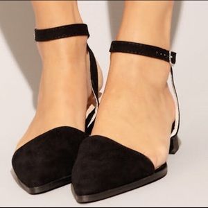 Ankle strap pointy toe flats. Black faux suede