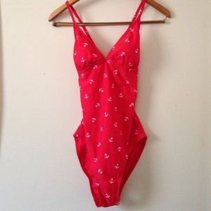 Red anchor one piece bathing suit