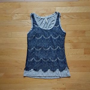 Grey Tank Top with Navy Lace Overlay