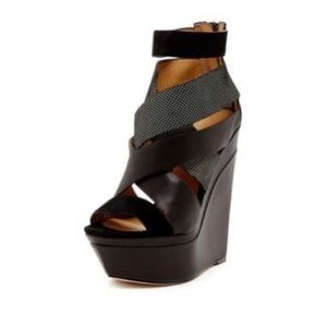L.A.M.B. Platform strappy black wedges