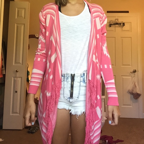 Adorable Pink Aztec High Low Fringe Sweater
