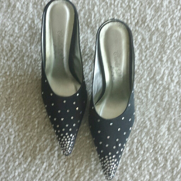 Black fabric mules with crystal studs