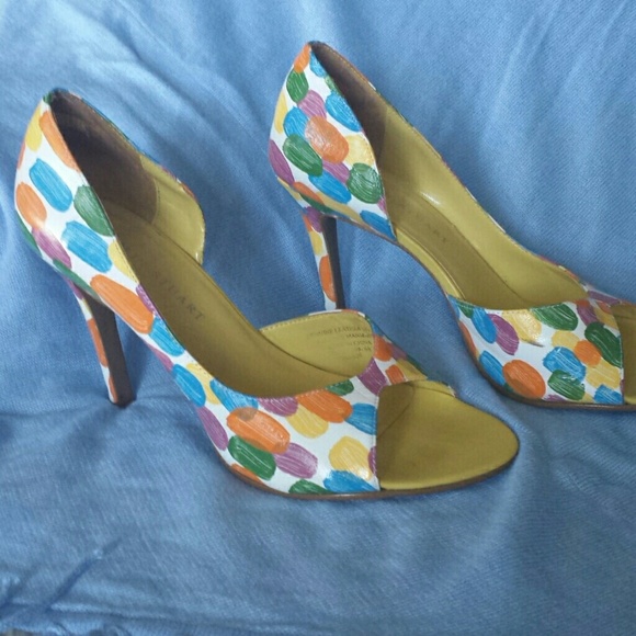 Yellow.blue.white high heels. Leather