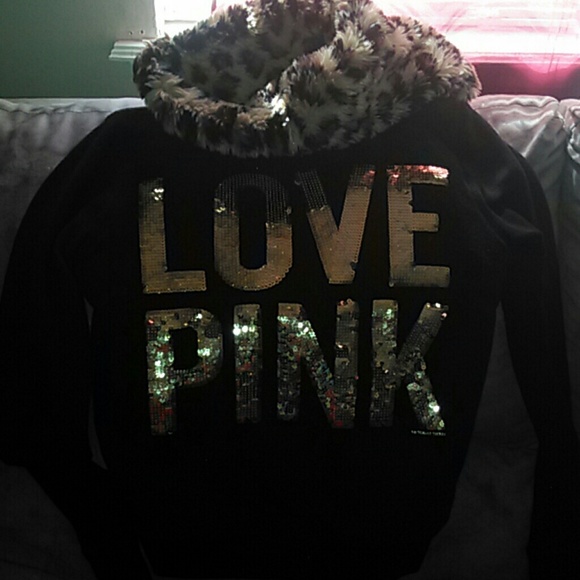 Vs pink gold sequin leopard fur zip up