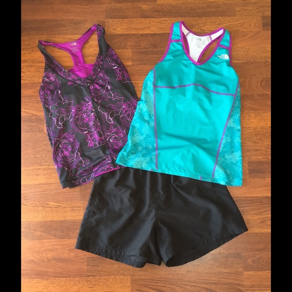 2 NorthFace exercise tops w/black NorthFace shorts