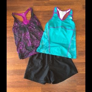 2 NorthFace exercise tops w/black NorthFace shorts
