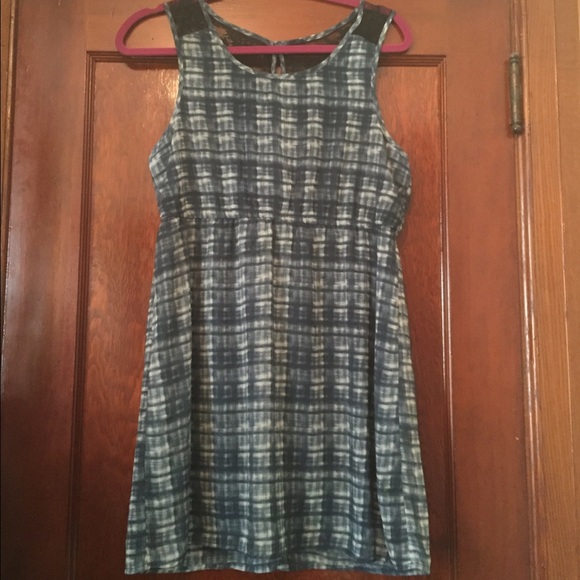 Blue and white plaid dress with mesh lace back - Picture 1 of 2