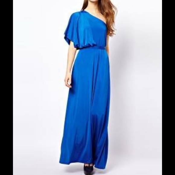 ASOS cobalt blue one-shoulder maxi dress.