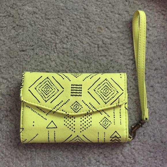 Neon yellow Aztec print wristlet