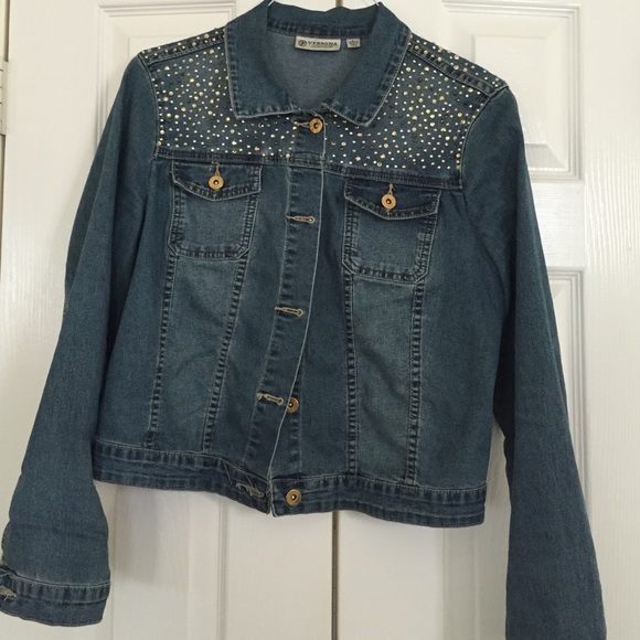 Short cropped denim rhinestone jacket