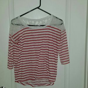 Express 3/4 sleeve red & white striped top w.lace