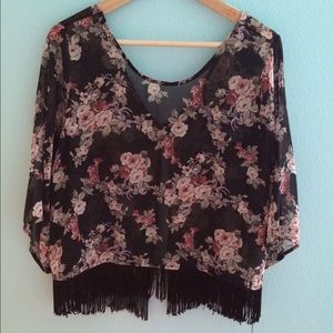 Floral Black Fringe Top