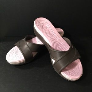 Crocs Brown and Pink Slide Sandals