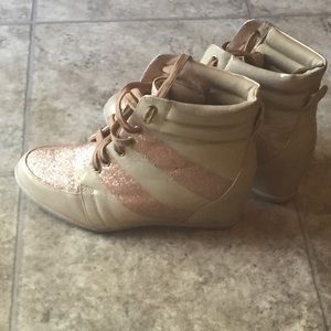 Tan and gold wedge sneakers