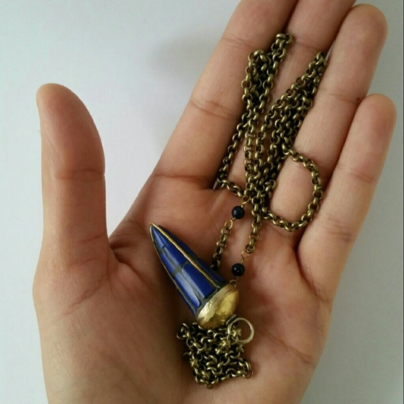 Blue stone & brass chain long necklace - Picture 2 of 4
