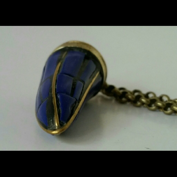 Blue stone & brass chain long necklace - Picture 3 of 4