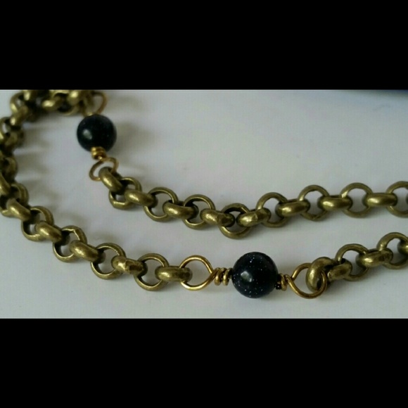 Blue stone & brass chain long necklace - Picture 4 of 4
