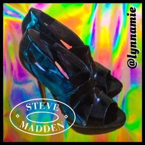 Black patent open toe pump