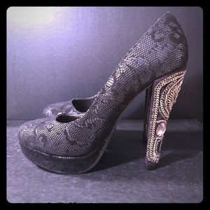 Naughty Monkey Jeweled Heel Lace Platform Pumps