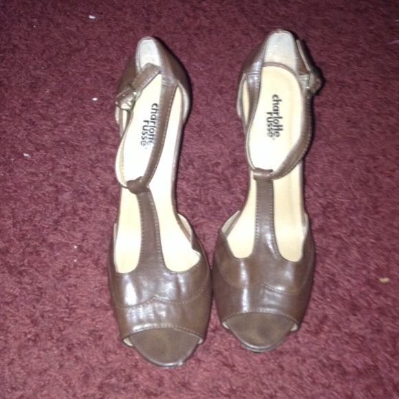 Medium brown peep toe strap chunky heels