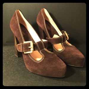 Michael Kors Buckle Brown Suede Thick Heel Pumps