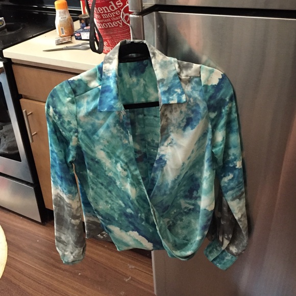Blue watercolor/ marble /tie dye low neck blouse