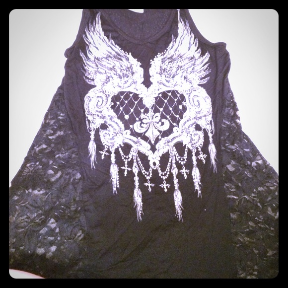 Rhinestone Angel Wing Lace Black Top