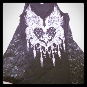 Rhinestone Angel Wing Lace Black Top