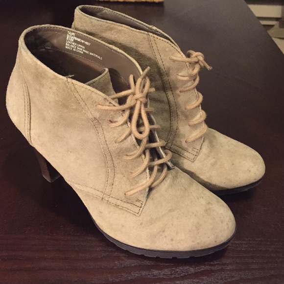Taupe leather suede chunky heeled booties boots
