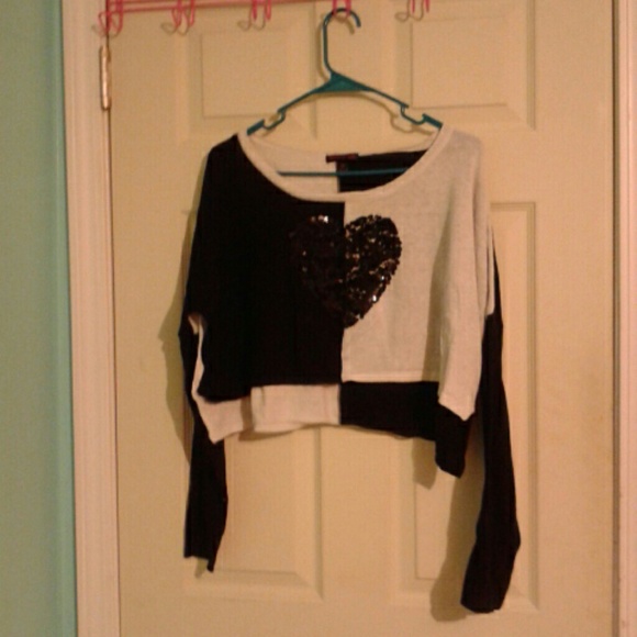 Black and White Sequin Heart Colorblock shirt