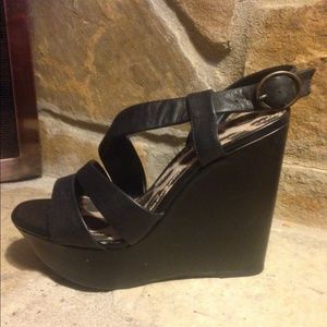 Jessica Simpson Black Leather Wedge Heel Sandals