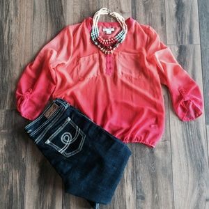 Liz Claiborne Shear Orange/Red Ombré Peasant Top