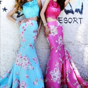 Blue floral Sherri hill crop prom dress