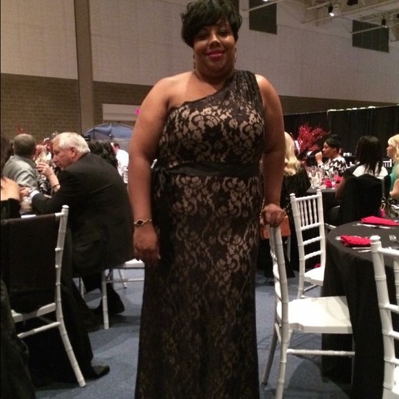 Betsy & Adams Black and Nude Lace gown.