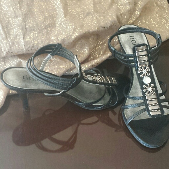 Black sandals with silver and crystal beads