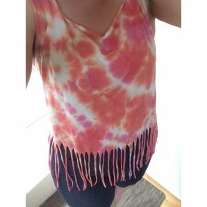 Fringed Tie-Dyed Boho / Retro Tank in Pink Orange