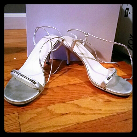Silver open toe crystal accent pumps