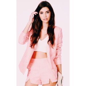 Pink and white blazer/shorts set