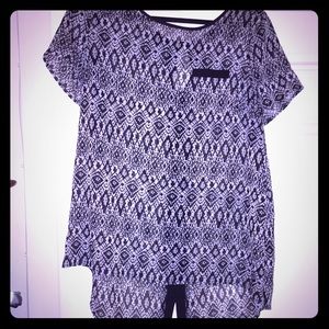 Aztec print black and white shirt with black trim