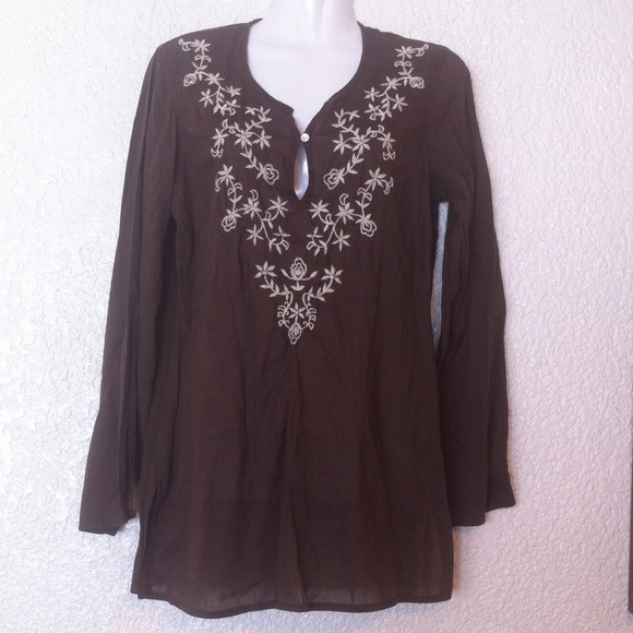 LUCKY BRAND Brown Embroidered Cotton Tunic - Picture 1 of 4
