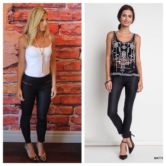 Pants - Matte black metallic leggings with zipper detail