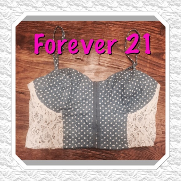 FOREVER 21 DENIM AND WHITE POLKA DOT CROP TOP - Picture 2 of 4