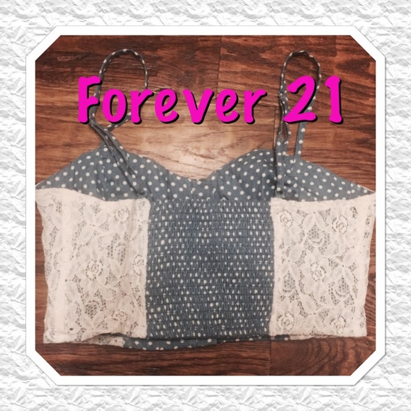 FOREVER 21 DENIM AND WHITE POLKA DOT CROP TOP - Picture 3 of 4