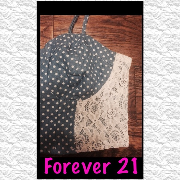 FOREVER 21 DENIM AND WHITE POLKA DOT CROP TOP - Picture 4 of 4