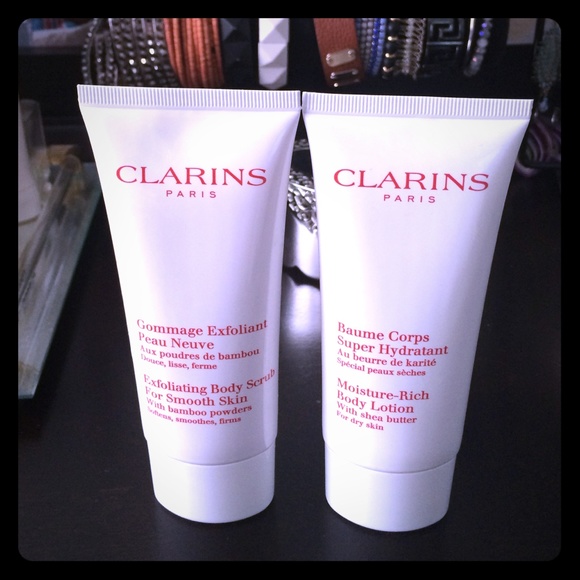 Clarins body scrub and body lotion