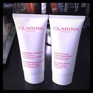 Clarins body scrub and body lotion